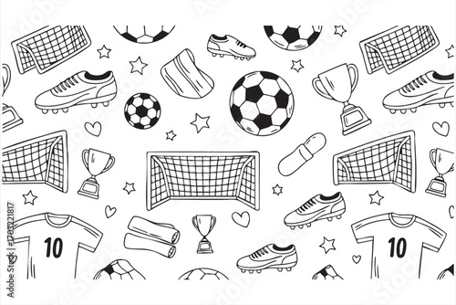 Soccer doodle seamless pattern with football goal trophy and player equipment
