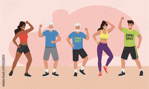A diverse and energetic group of young and senior adults joyfully participates in a lively Zumba dance fitness class, promoting health and active lifestyles.