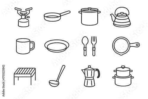 Pot icon set steel compact grill cookware soup camping stainless skillet vector