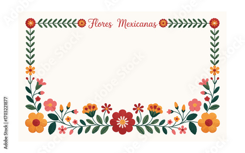 Festive Floral Frame with Mexican Flowers: A Vibrant Design for Invitations, Celebrations, and Cultural Events with 'Flores Mexicanas' Text
