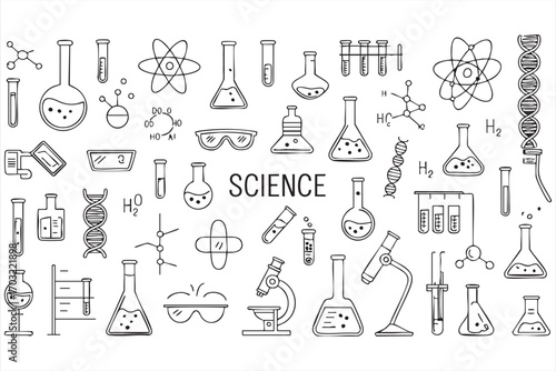 Vector science doodle illustration set with lab equipment and experiment icons