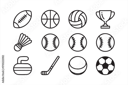 Black outline sports icons set with trophy curling and athletic equipment