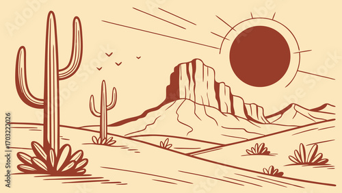 Desert Landscape with Cacti, Mountains, and Sun Illustration.