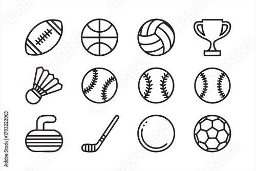 Vector sports ball outline set including baseball volleyball and badminton