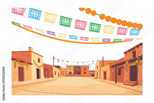 Vibrant Mexican Village Street Scene with Papel Picado and Marigolds, Celebratory Décor, Festive Atmosphere, Cultural Representation of Dia de los Muertos Traditions