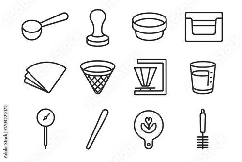 Filter scoop brewing icon coffee ring cleaning brush tamper papers vector milk