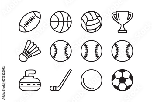 Outline sports icons collection featuring football basketball soccer hockey