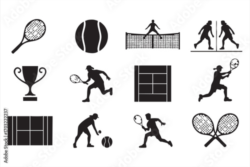 Black tennis sport symbols collection including racket ball and player action