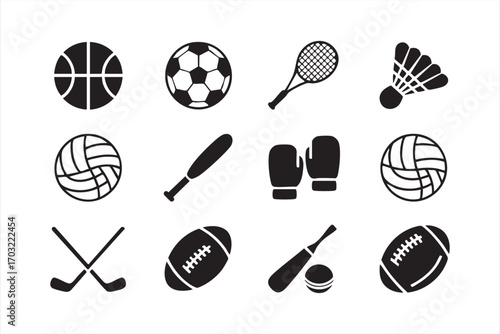 Sports vector icons set featuring tennis racket shuttlecock baseball bat and gloves