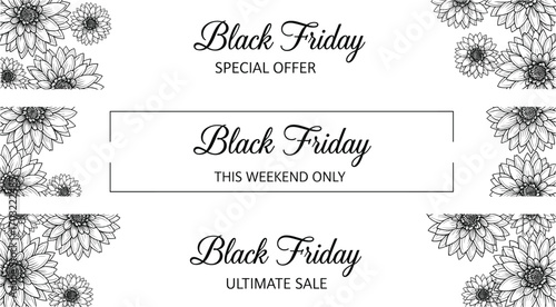 Black Friday banner set with floral corner illustrations and stylish typography for elegant retail promotions and seasonal vector design