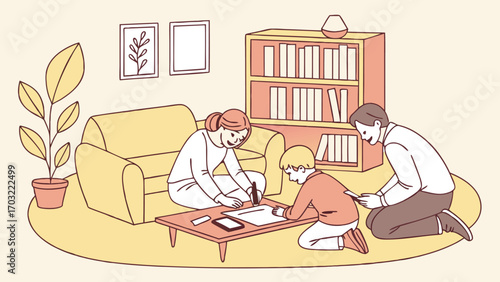 Family drawing together in the living room, creating a warm atmosphere.