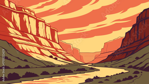 Serene river winding through a majestic canyon at sunset.