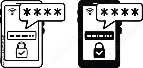 One Time Password Icons. Black and White Vector Illustration. Mobile Phone, Secret Code, and Lock with Check Mark. OTP, Temporary Code Used to Confirm Identity When Logging Into the System

