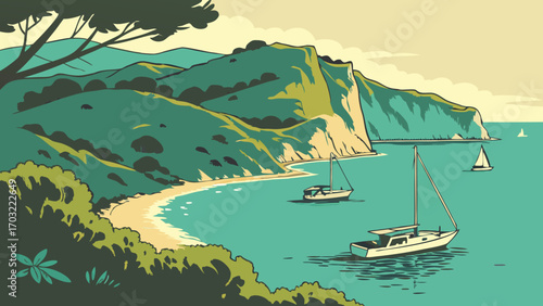 Sailboats on a tranquil bay with a scenic coastline.