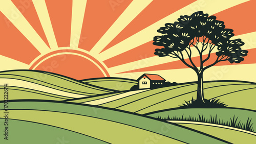 Stylized Landscape with Tree and House Under a Rising Sun.