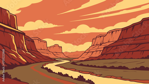 Stylized Canyon River Landscape with Warm Hues.