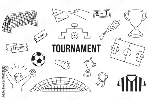 Football doodle icons vector pack with fan celebration stadium and award symbols