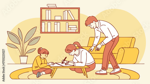 Family Drawing Together in Living Room Illustration.