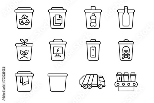 Recycling battery icons metal vector truck bin icon paper glass grid hazardous