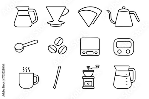 Beans stick water scoop icons scale icon vector jug mug coffee brewing