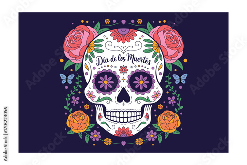 Day of the Dead Sugar Skull with Flowers Illustration for Hispanic Holiday Celebration, Traditional Mexican Culture, and Colorful Autumn Celebration