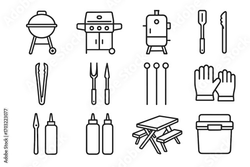 Tongs spatula icons brush kettle bbq kit basting fork cooler vector icon
