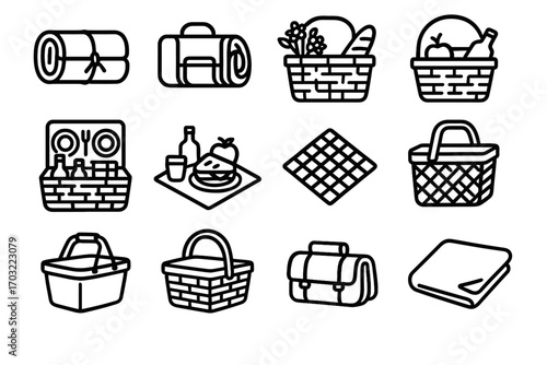 Icon picnic tied mat lunch waterproof flowers vector basket cooler hamper collection