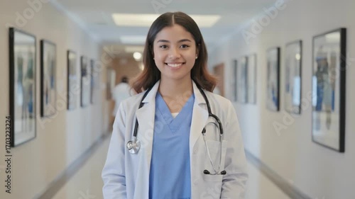 Smiling Doctor in Hospital Corridor: A compassionate doctor in a white coat and stethoscope, radiating warmth, stands confidently in a bright, well-lit hospital corridor, ready to provide care.