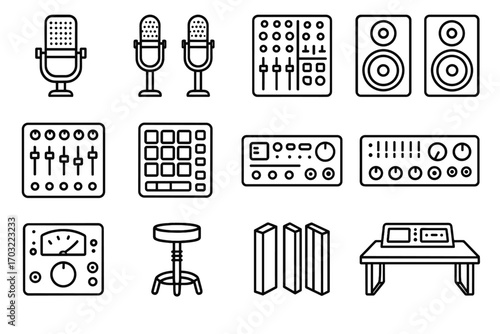 Microphone monitor stereo icons vector icon room control table studio music bass