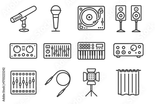 Dj vector music studio led keyboard control cables icon audio light gear