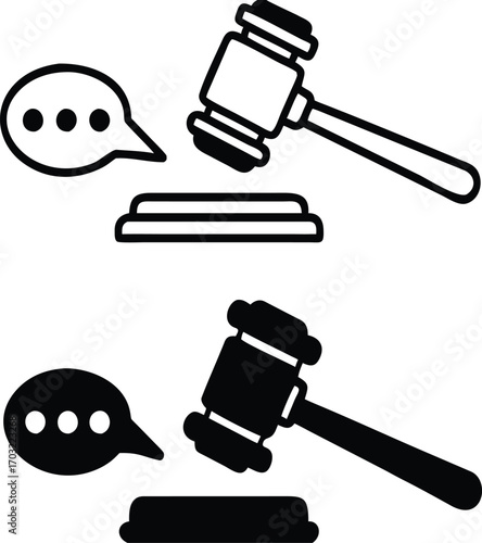 Verdict Icons. Black and White Vector Illustration. Judge Gavel and Speech Bubble. Jury Decision on Guilt or Innocence of the Defendant. Justice Concept


