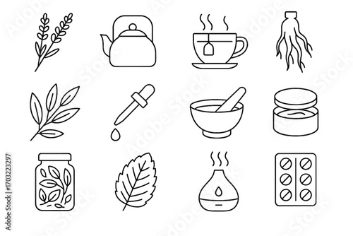 Icon lavender wellness oil icons essential herbal tin eucalyptus vector tea mortar