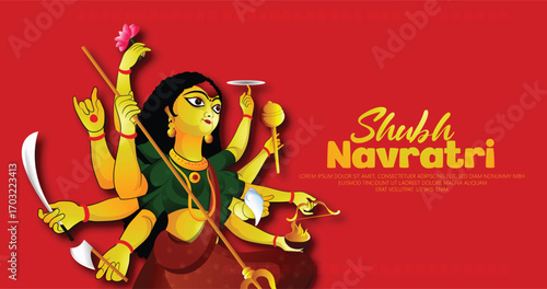 Navratri Festival Greeting Poster With Durga Arms, Couple Playing Garba and Dandiya in Navratri Celebration