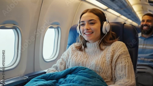 Comfort in Transit: A woman, headphone, airplane and enjoying the in-flight experience, engrossed in her audio entertainment. A companion smile warmly in the background.