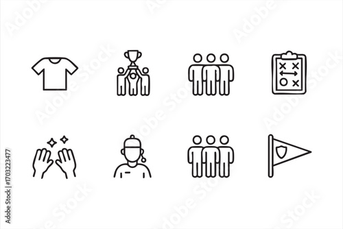 Sports teamwork outline icons set including planning coaching and competition symbols