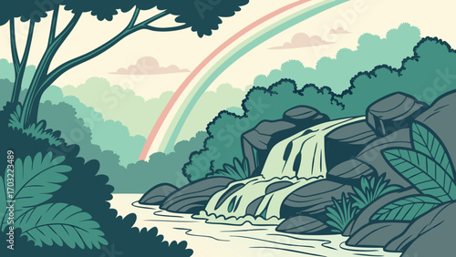 Serene Waterfall Cascading Over Rocks with Lush Greenery.