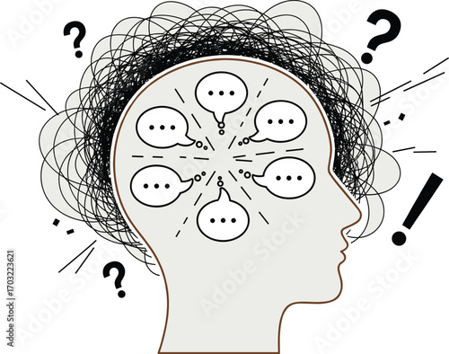 Mental clutter concept with chaotic thoughts, speech bubbles, question marks inside human head profile in expressive vector illustration style