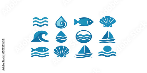 Print  A creative vector logo set with water-inspired designs, including waves, droplets, fish, seashells, boats, and ocean symbols, fluid modern flat style