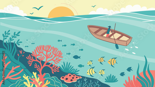 A person rowing a boat over a vibrant coral reef with fish swimming below.