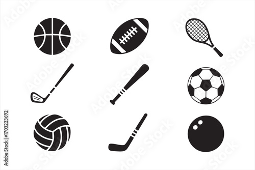Sports equipment icons vector pack including volleyball tennis and football graphics