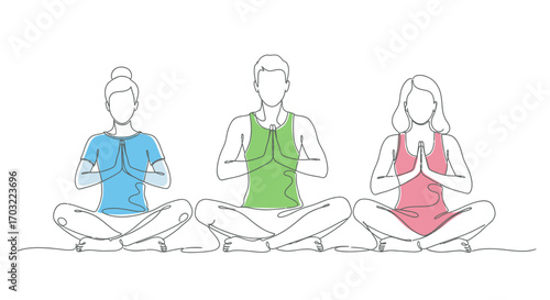 Three diverse people meditating peacefully in a minimalist, one-line art style, promoting wellness and mindfulness.