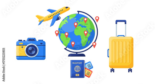 Dreaming of adventure: a globe, passport, camera, and suitcase ready for travel