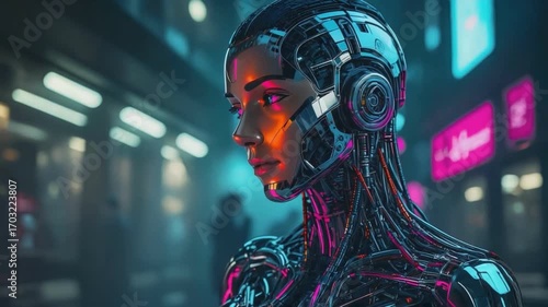 Cyberpunk Cyborg: A futuristic cyborg with metallic skin and glowing accents gazes thoughtfully, illuminated by neon lights in a sleek cityscape.