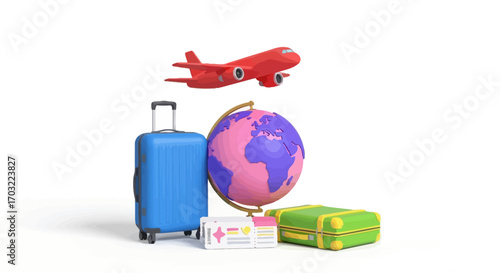 Exciting global travel adventure with airplane, luggage, and globe on white background