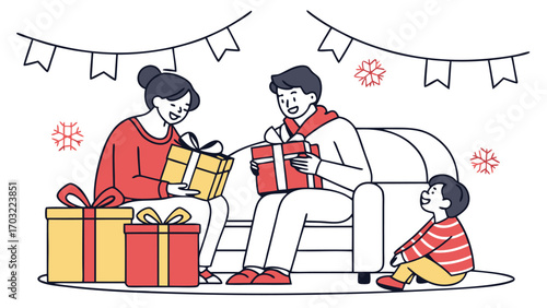 Family joyfully opening Christmas gifts together at home.