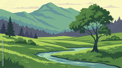 A solitary tree stands tall beside a winding river in a lush green valley.