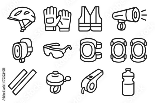 Icon bike front elbow gloves cycling rear bottle safety lamp vector pads