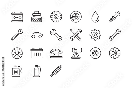 Car maintenance vector icons set featuring workshop repair and automobile parts