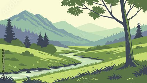 Serene Landscape with River and Mountains.