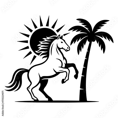 Vector illustration of a royal horse and palm tree in monochrome style in black. Perfect for fashion brands, sports clubs or summer themed posters.